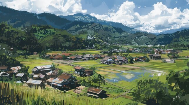 Tranquil Village nestled amongst rolling hills