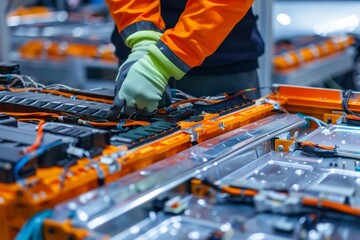 Detailed close-up of a circuit component on an orange background. The complexity of electronic engineering displayed through visible electrical wiring and computer hardware elements.