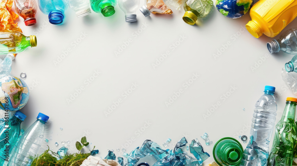 Poster a collection of plastic bottles and other trash items are scattered across a white background. conce