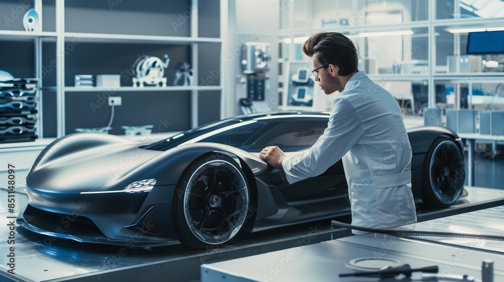 Poster an automotive designer refines a sleek car prototype in a high-tech lab buzzing with creativity and 