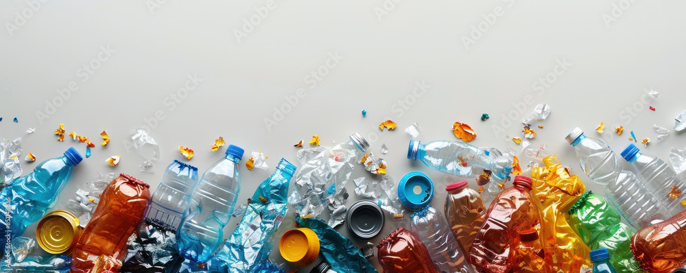 Poster a row of plastic bottles are scattered on a white background. the bottles are of different colors an