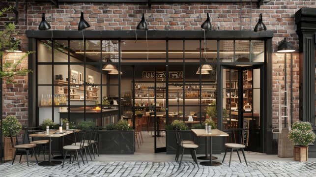 A modern restaurant with brick exterior and large windows showcasing the interior, including a bar and tables. There are outdoor tables and chairs in front of the restaurant.