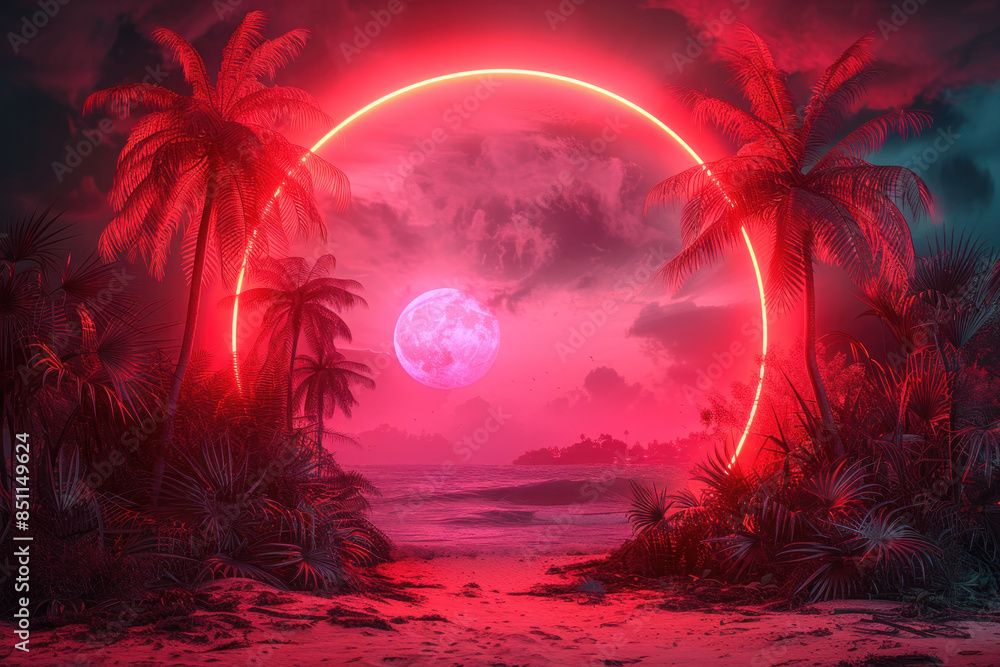 Poster a red circle with a moon and palm trees in the background