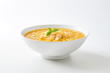 Close-up of a bowl of creamy soup with noodles, cheese, and basil
