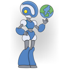 cartoon doodle illustration of eco friendly artificial intelligence technology for life on earth