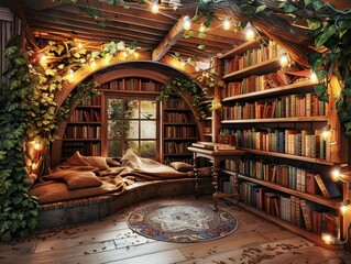 A cozy bookstore interior with wooden shelves filled with books, a curved wooden ceiling, a comfy seating area with blankets, and warm lighting. 