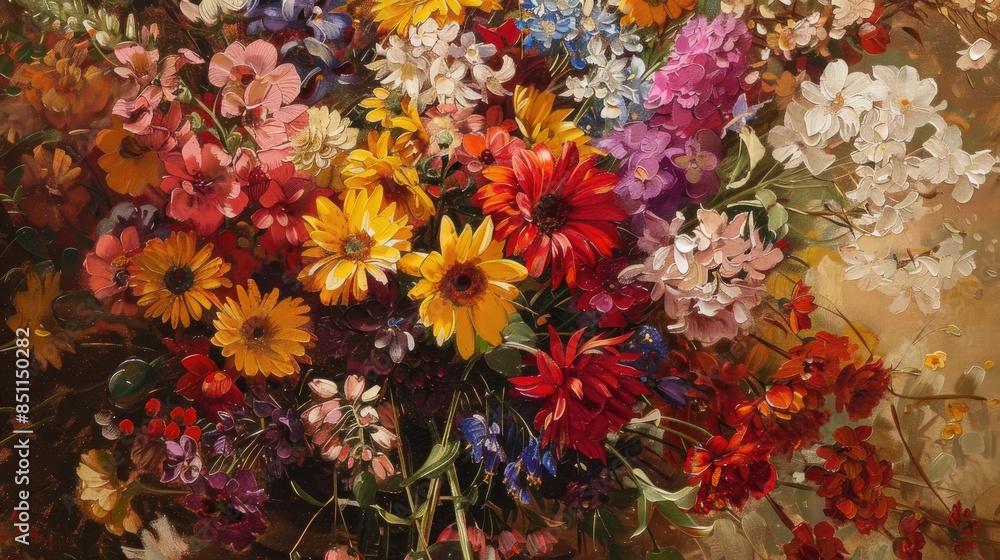 Poster An array of colorful flowers in a vase for beautiful compositions