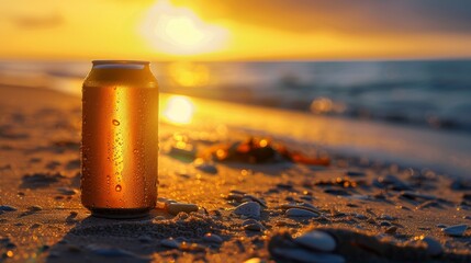 Beach sand with a beer can, illuminated by the warm golden sunset, refreshing drink, inviting scene