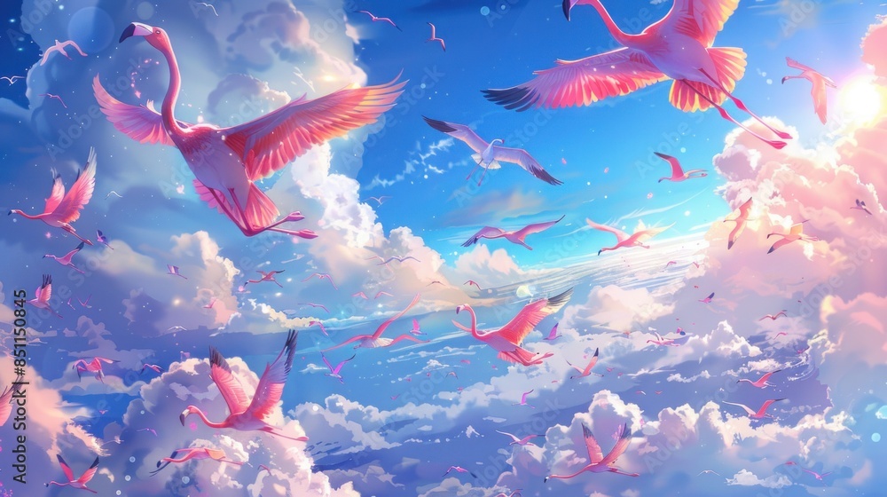 Wall mural Pink Flamingos Soaring Through a Dreamy Sky