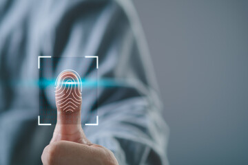 Security of future finger print technology and Cybernetics on the Internet concept, fingerprint scanning allows access to security and identification of big Data businesses, bank and Cloud Computers.
