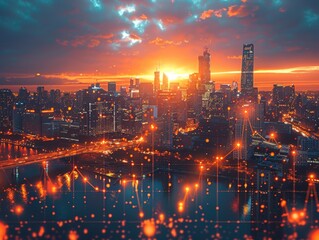 Fototapeta premium City skyline with up-down line graph.