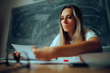 Serious Teacher Reading an Assignment Grading it. Professor reading paperwork stressed about the...