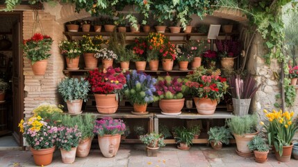Fototapeta premium A colorful display of flowers in terracotta pots sits outside a flower shop. The flowers are arranged on wooden shelves against a brick wall.