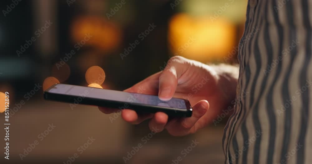 Poster person, hands and smartphone in closeup for chat with connection, contact and networking at night. m