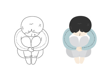 Child boy hugging knees with teardrop in mental health concept, outline and flat vector illustration.
