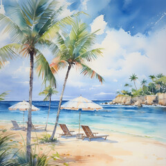 Watercolor painting of a beautiful tropical beach with palm trees and empty chairs background