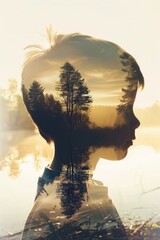 Silhouette of a Child with a Nature Double Exposure