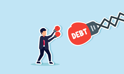 Debt management, fight with debt for financial freedom, concept of A professional businessman, in boxing gloves, fights a creditor's huge Debt glove