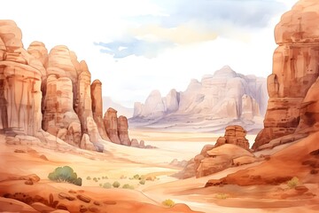 Fototapeta premium Watercolor scenic landscape of desert with iconic red sandstone formations landscape background