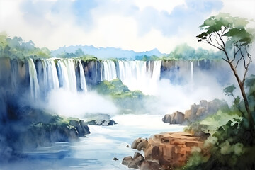 Naklejka premium Watercolor painting of a majestic waterfall cascading down a river illustration background