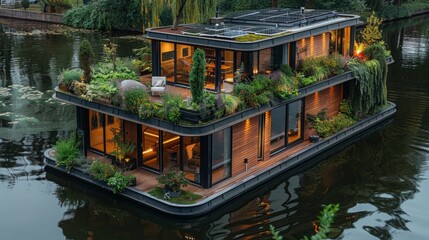 A modern houseboat with a green roof sits on a calm canal, showcasing a sustainable and stylish way of living.