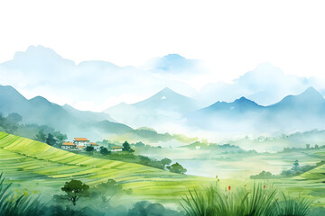 Watercolor rural painting with green rice terraces and a small village with mountains rising in the background