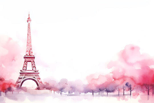 Watercolor romantic painting of the Eiffel tower in a pastel pink color on white background