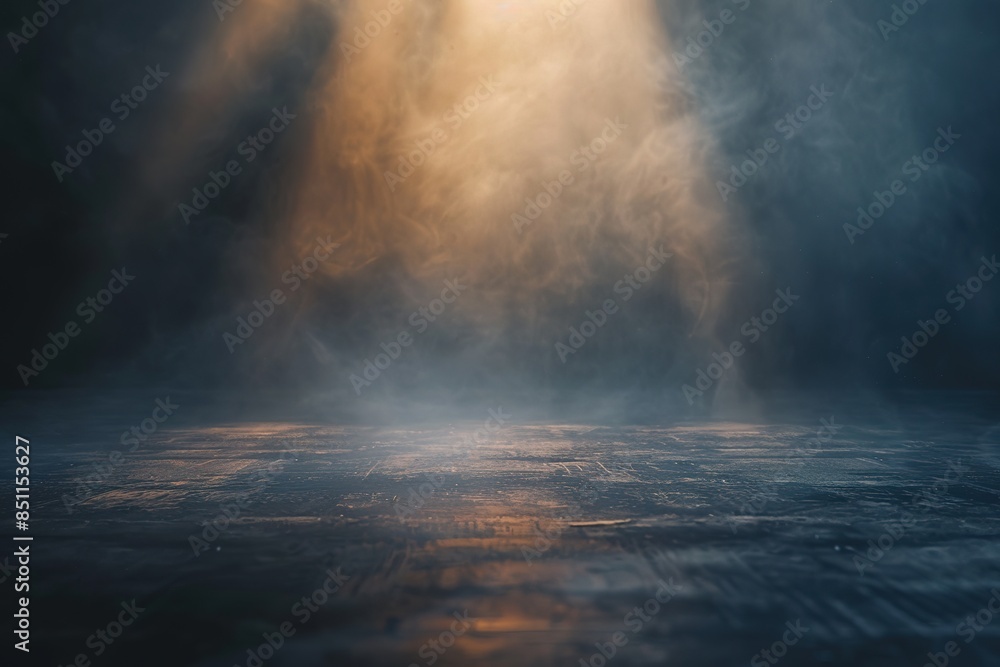 Poster abstract blurred background with beautiful light rays and fog in the dark room, empty space for prod