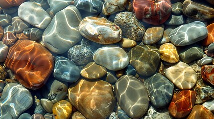 Close-up of colorful pebbles under clear water, vibrant hues, detailed textures, natural aquatic background