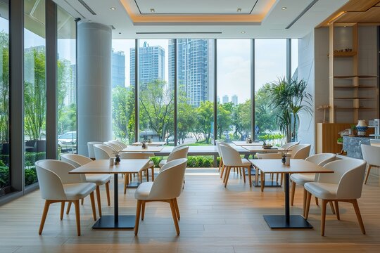 Elegant restaurant with panoramic windows overlooking the city, modern minimalist decor and comfortable seating for dining in Shenzhen. Modern - Powered by Adobe