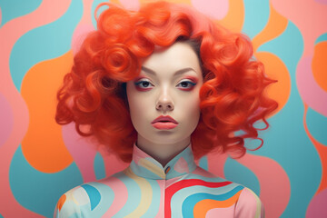 Fototapeta premium Vibrant portrait of a woman with a surreal garment, bold colors, and a beautiful face, reminiscent of a whimsical cartoon character.