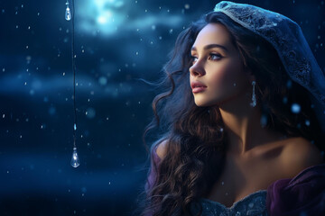 Ethereal princess gazes at starlit night sky in enchanting, dreamy fantasy scene. Neural network generated art showcases stunning beauty.