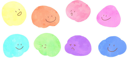 A set of round shape freehand drawing emotion icon with transparent background, water color texure