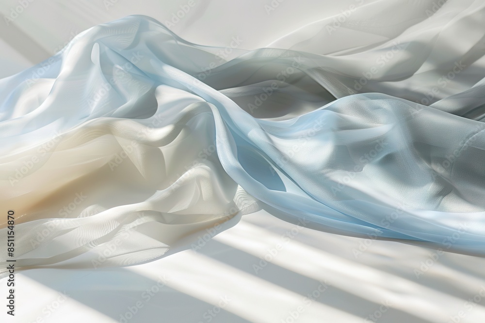 Poster minimal abstract background for product presentation, blue and grey blurred soft fabric with shadows