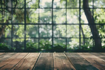 Wood table top on with blur glass window wall background - generative ai