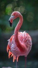 Fototapeta premium Cute pink flamingo, standing full body view, light and simple background, elegant details, charming and vibrant