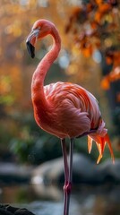 Obraz premium Cute pink flamingo, standing full body view, light and simple background, elegant details, charming and vibrant