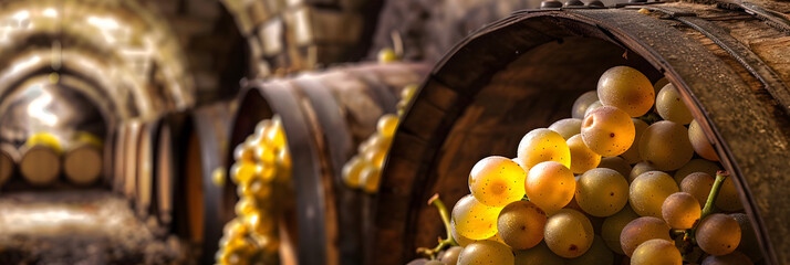  red and white grapes for cased wine,
White wine with grapes and barrel.

