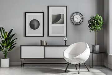 modern interior design, accent chair in the shape of an egg white color with black accents hanging over grey wall and minimalistic furniture,