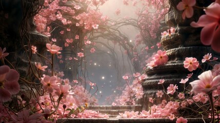 Passage to a magical forest in pink flowers with the remains of an ancient civilization for your mockup