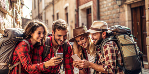 Obraz premium Group of friends backpacking and using smartphones