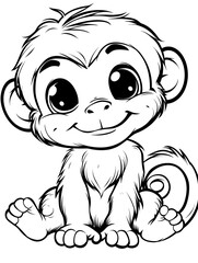 Fototapeta premium Cute baby monkey coloring page, simple line art style, white background, 