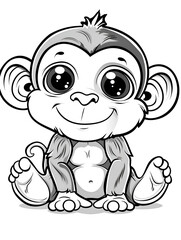Obraz premium Cute baby monkey coloring page, simple line art style, white background, 
