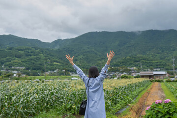 里山の田園地帯でリラックスする女性の後ろ姿
