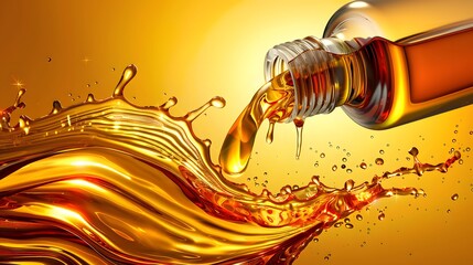 Engine synthetic or mineral oil, car lubricant spilling with splash from white blank bottle, canister realistic vector illustration isolated on white background. Automotive industry chemistry product