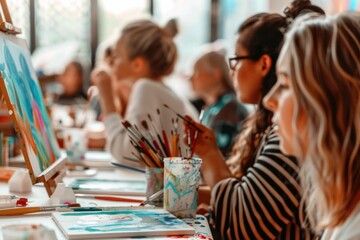 Group of people enjoying a creative painting session together at an art class with easels and paintbrushes on table