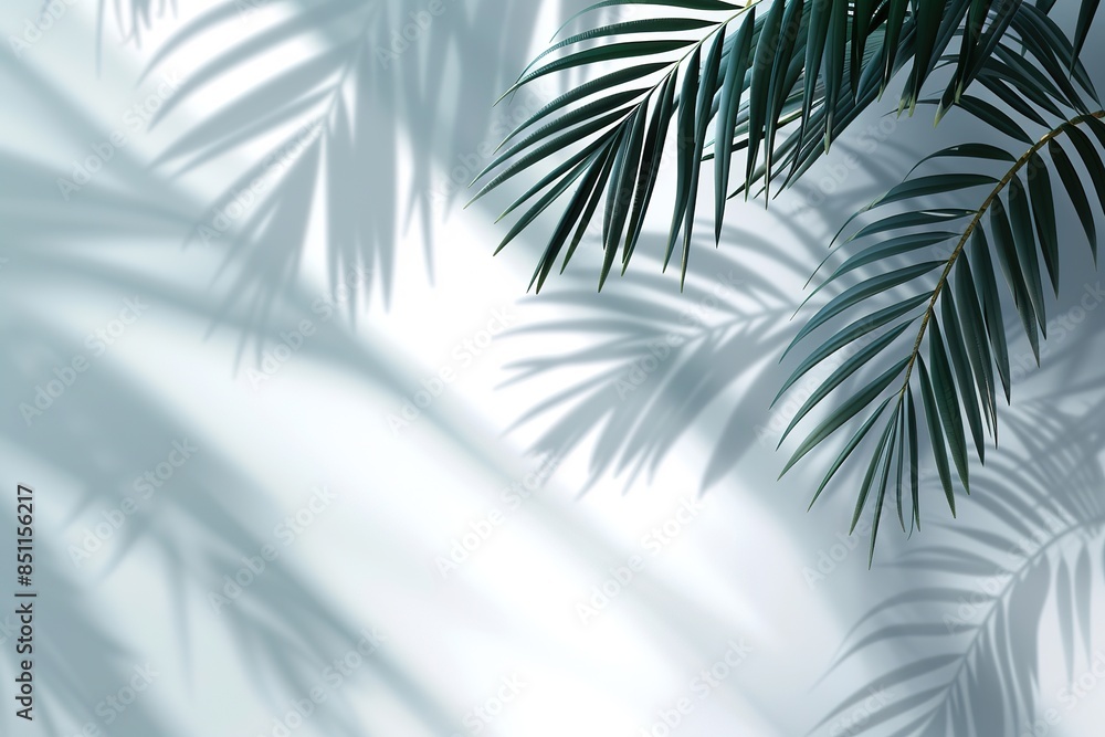 Poster white background with a palm leaf shadow, soft light and shadows on the wall, empty space for produc