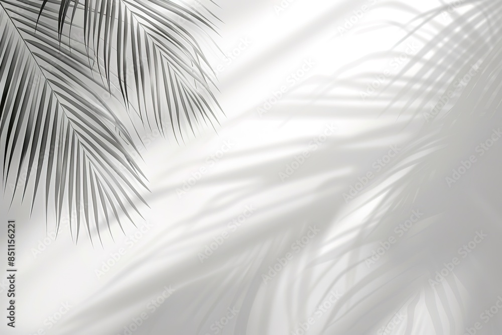 Poster white background with a palm leaf shadow, soft light and shadows on the wall, empty space for produc