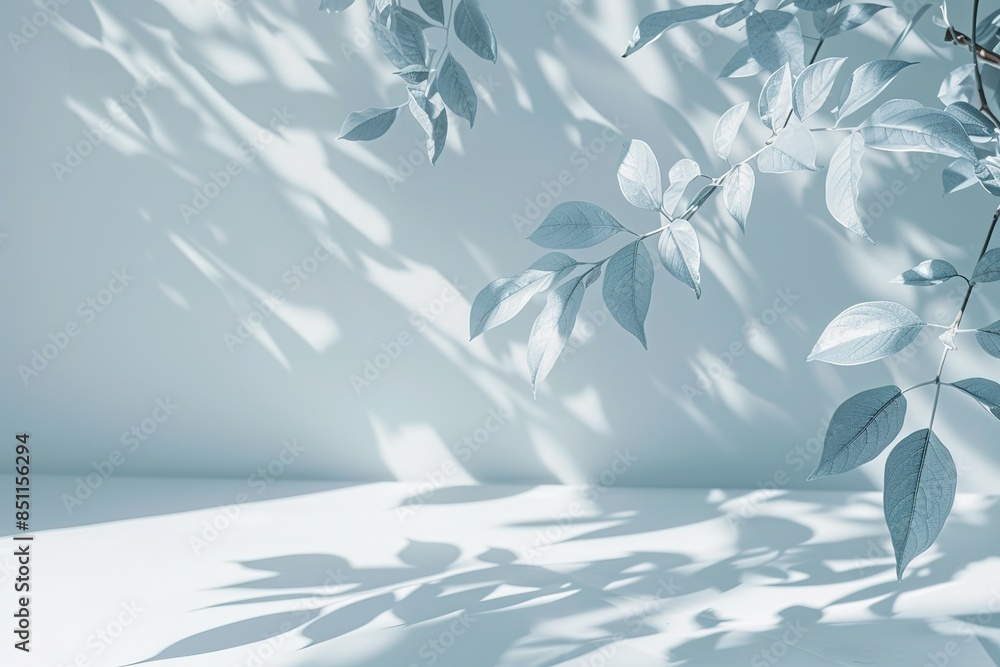 Poster white background with light blue gradient, a white table in the foreground, and a leaf shadow on it.