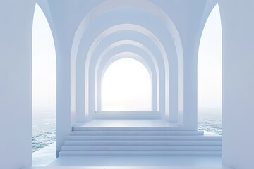 A long white hallway with a large archway leading to the ocean